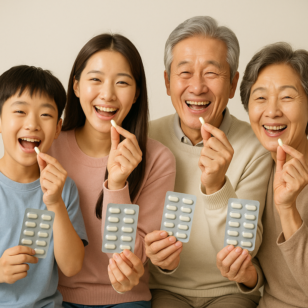 세대별 한국 가족이 유산균 영양제를 들고 환하게 웃고 있는 모습