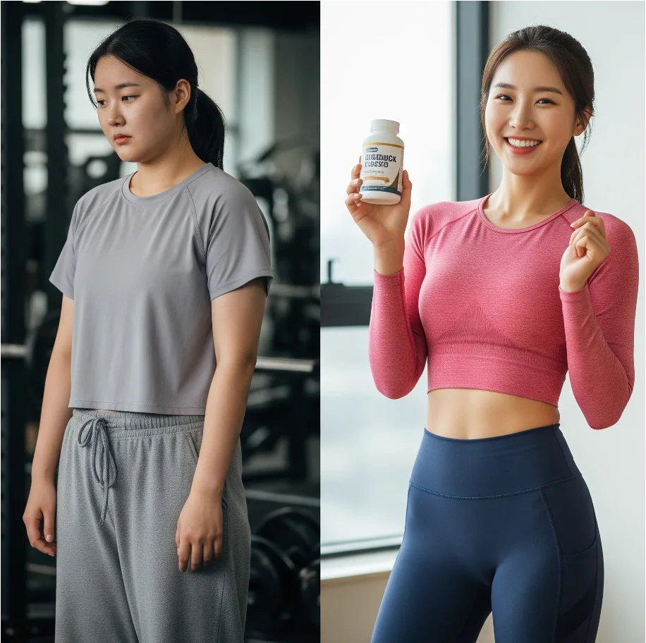 체중 감량 전후 변화가 뚜렷한 30대 한국 여성의 모습. 운동복을 입고 건강하고 자신감 있는 자세로 변화한 모습을 보여줍니다.