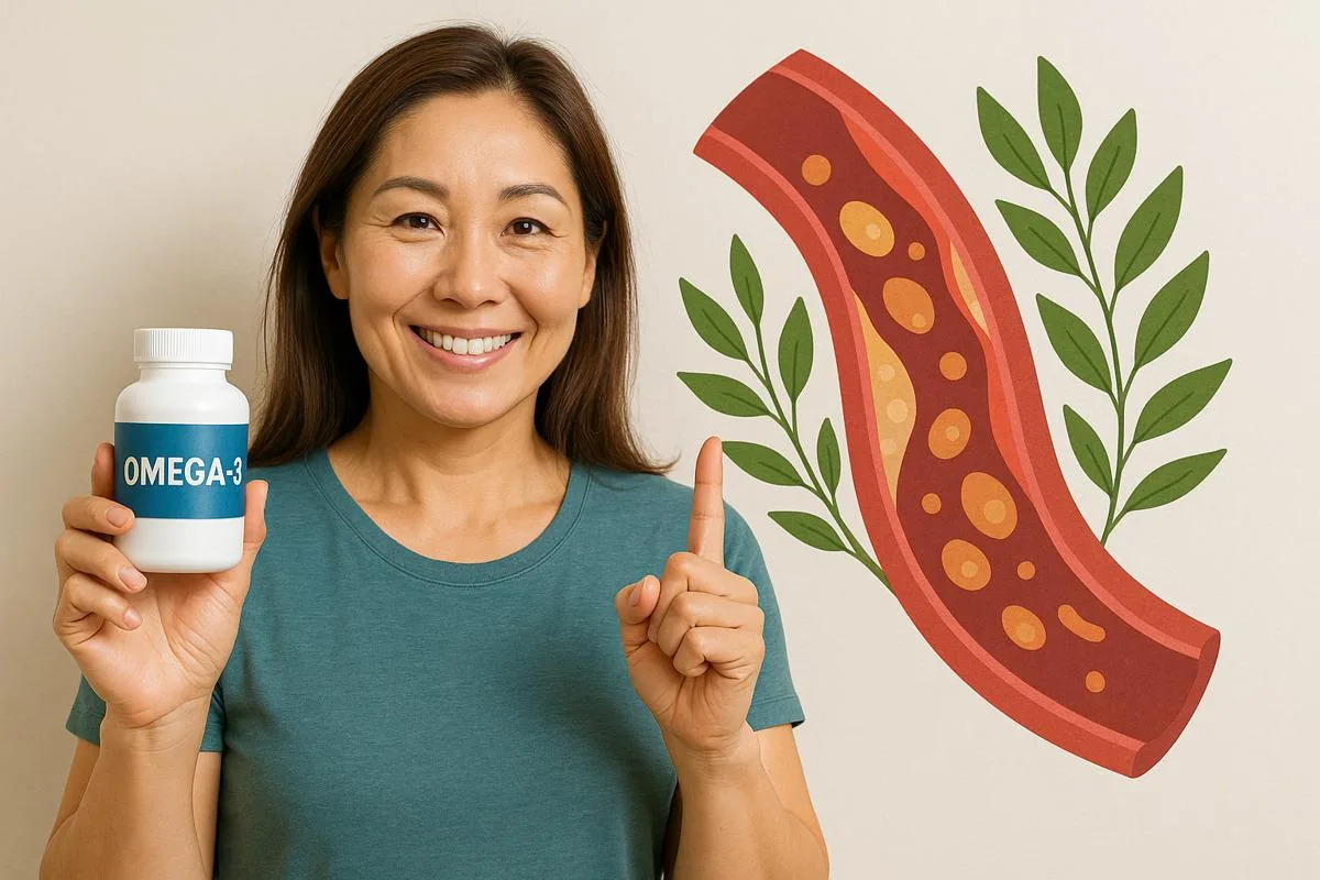 건강한 한국인 중년 여성이 오메가-3 영양제를 들고 웃으며 혈관 건강을 상징하는 일러스트 앞에 서 있는 모습
