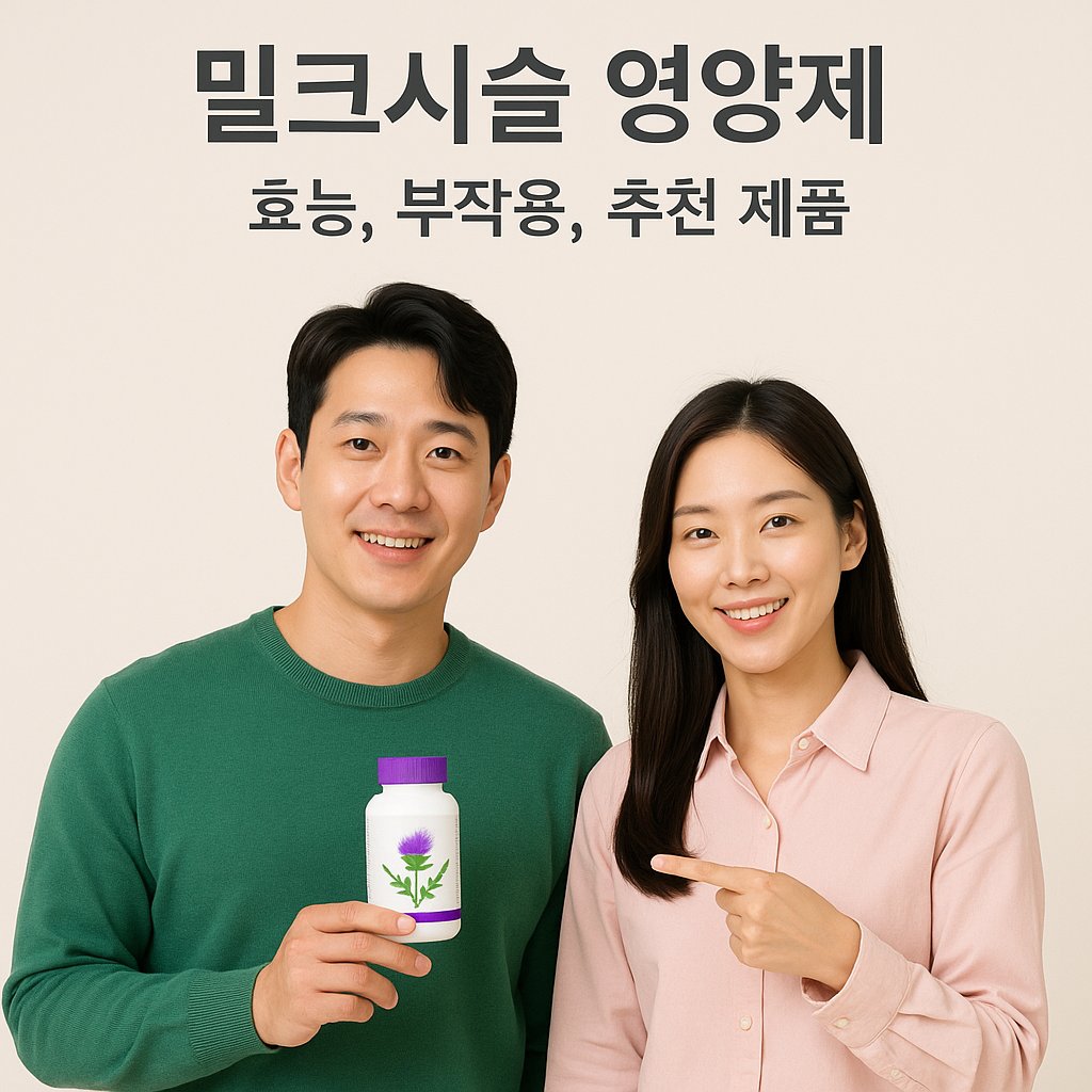 한국인 남녀가 밀크시슬 영양제 병을 들고 미소 짓고 있는 모습