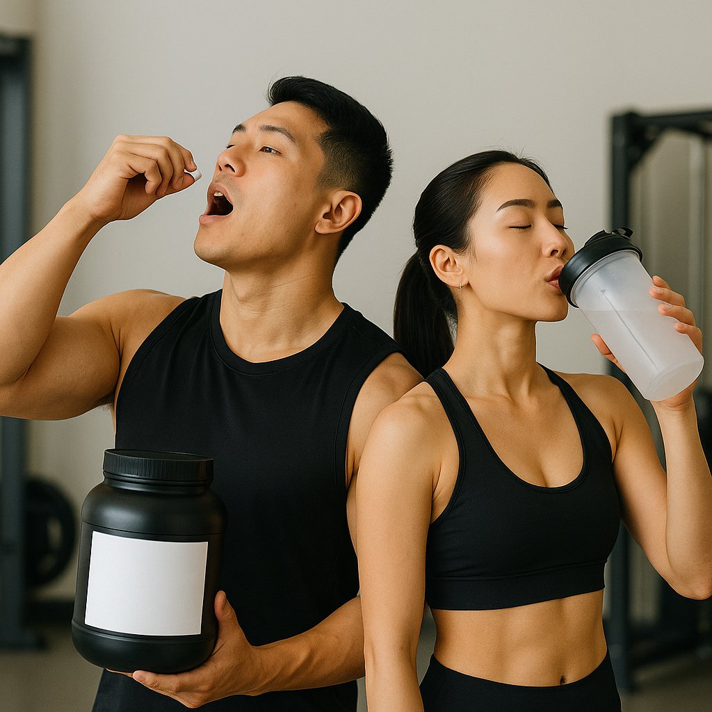검정 운동복을 입은 한국인 남성과 여성이 보충제를 섭취하고 있는 모습