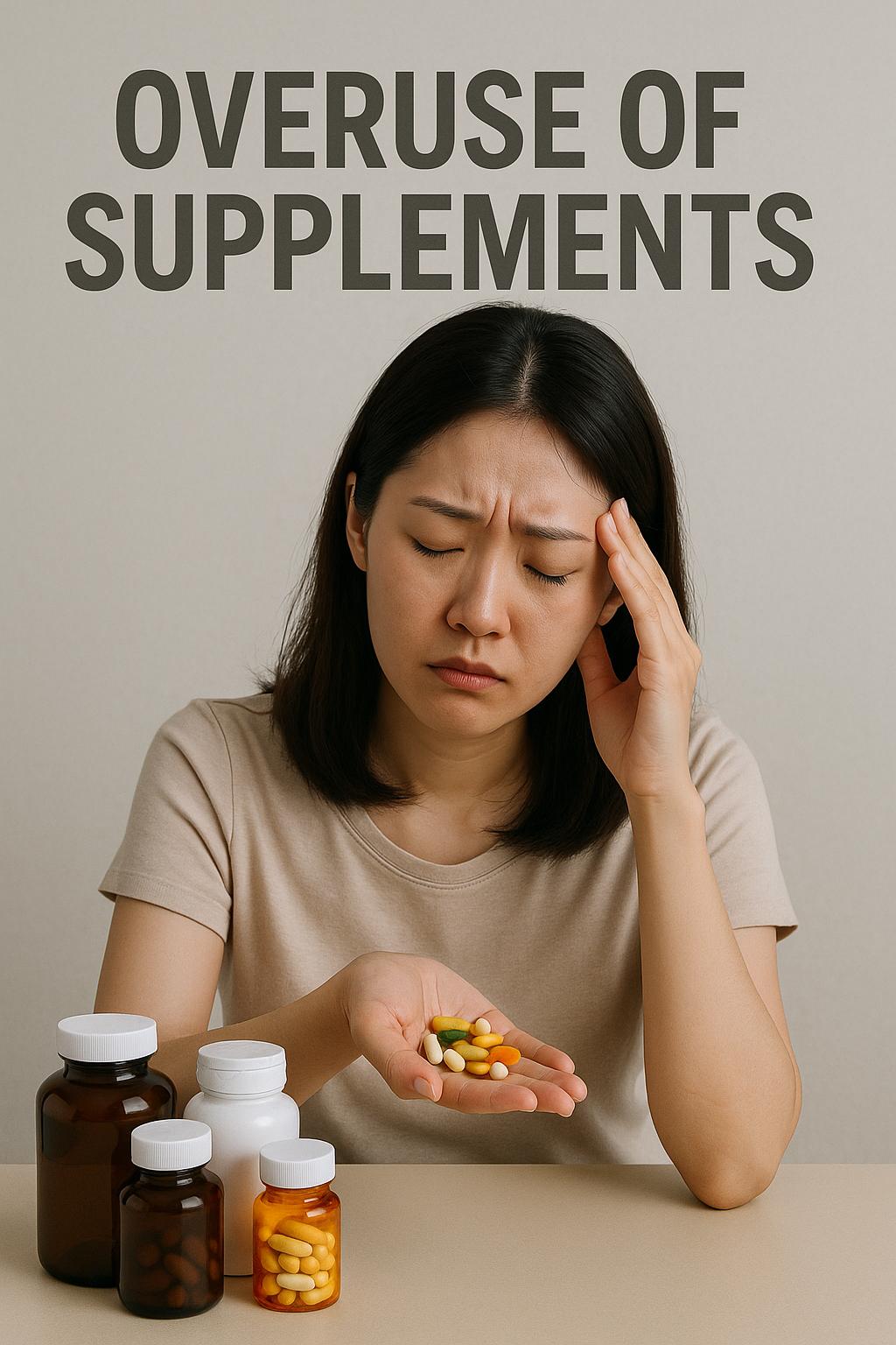 영양제를 한 움큼 쥐고 머리를 짚으며 고통스러운 표정을 짓는 한국인 여성