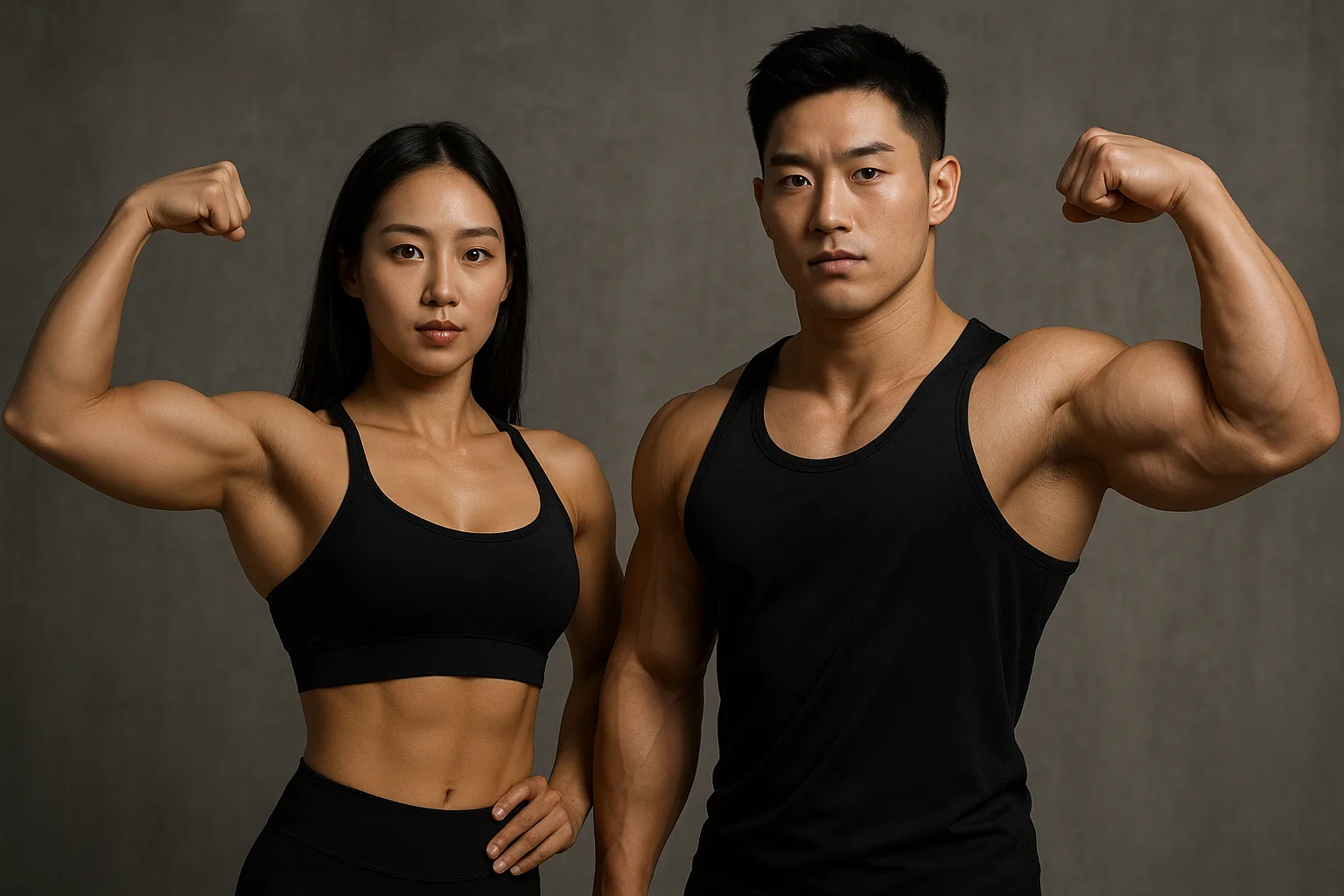 피트니스센터에서 삼두근을 포징하는 대한민국 남녀 모델이 근육을 자랑하며 서 있는 모습.