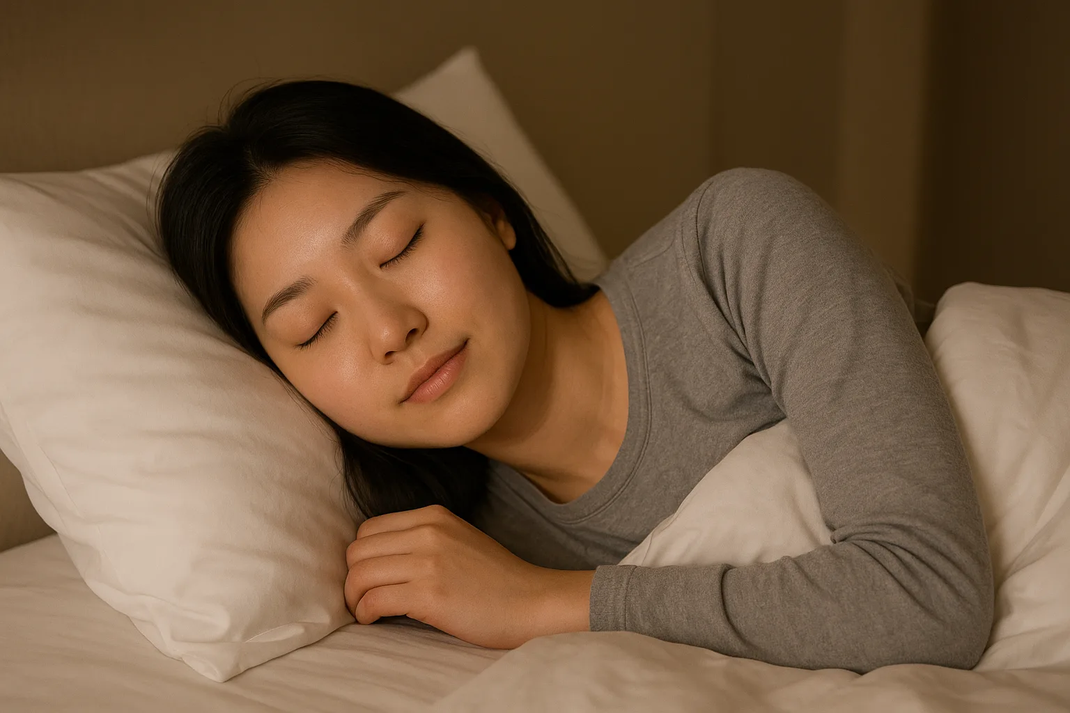 숙면을 취하며 평화롭게 잠든 한국 여성의 모습, 건강한 수면 습관을 상징하는 장면