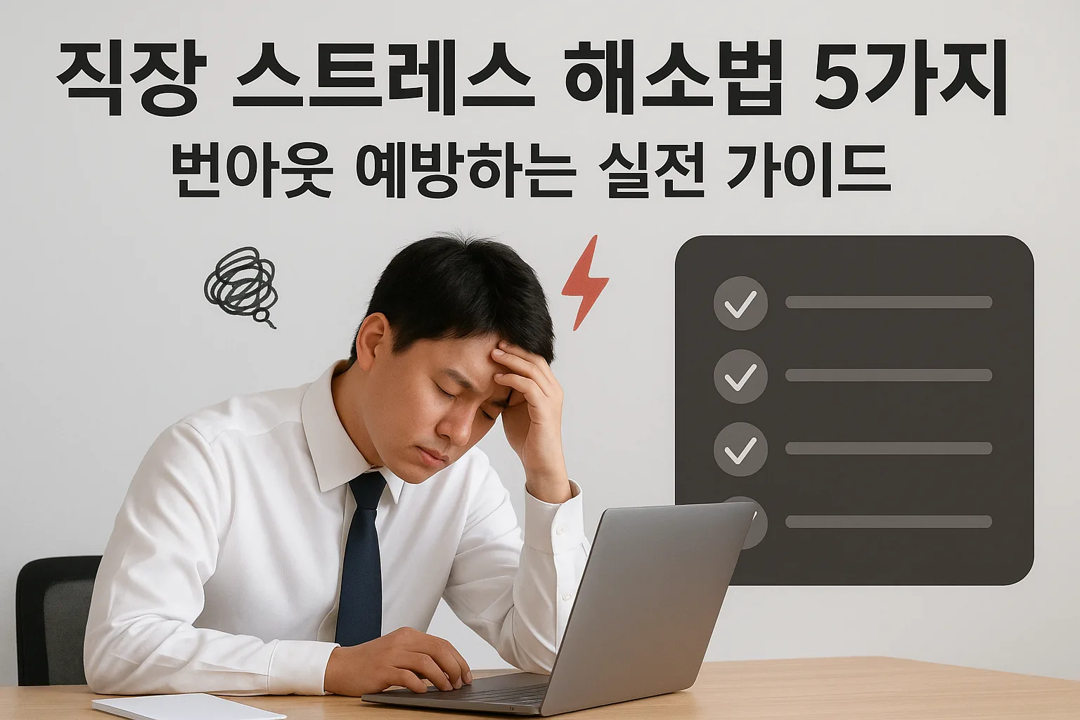 직장 스트레스로 지친 직장인이 노트북 앞에서 머리를 감싸고 있는 모습과 번아웃 예방 체크리스트가 함께 보이는 직장 스트레스 해소법 이미지