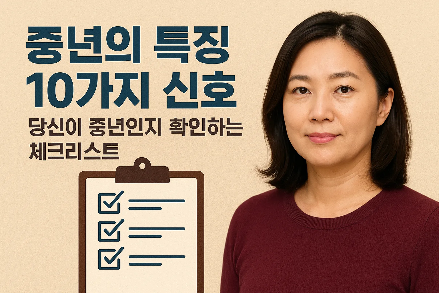 “40대 한국 여성 모델과 중년의 특징 10가지 신호 체크리스트를 표현한 가로형 썸네일 이미지”