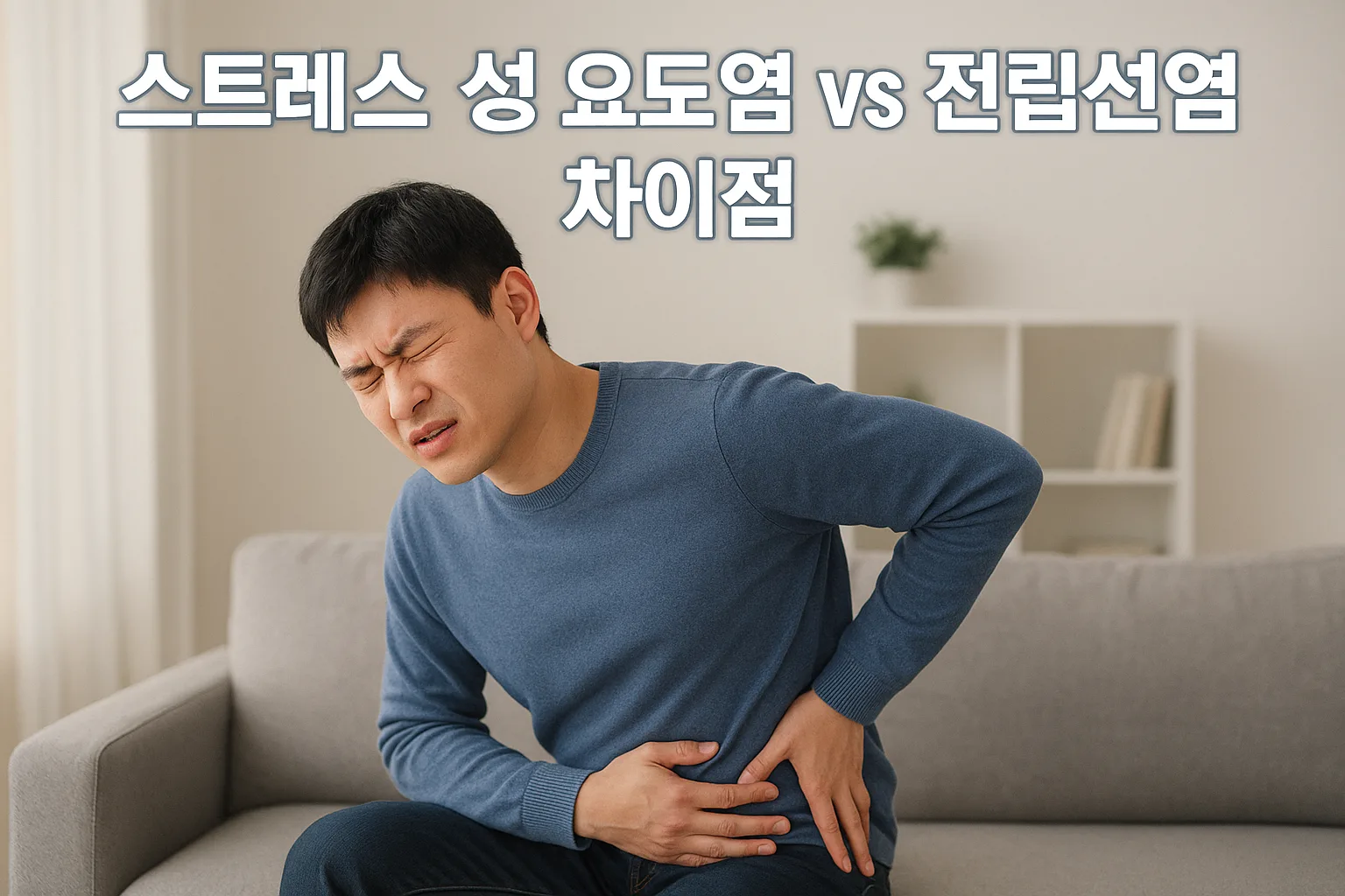 요도 통증으로 복부와 옆구리를 잡고 고통스러워하는 한국 남성의 스트레스 성 요도염 및 전립선염 관련 썸네일 이미지