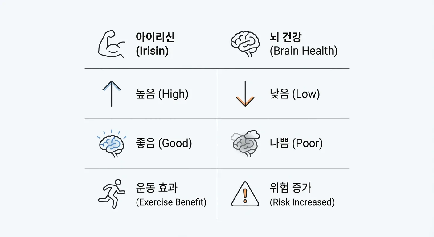 아이리신 수치와 뇌 건강 상태를 비교하는 표