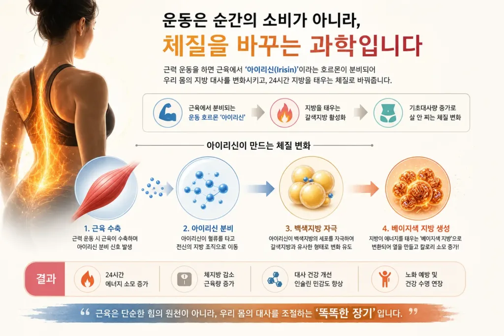 근력운동 시 분비되는 아이리신이 지방을 태우고 기초대사량을 높이는 과정 설명 이미지