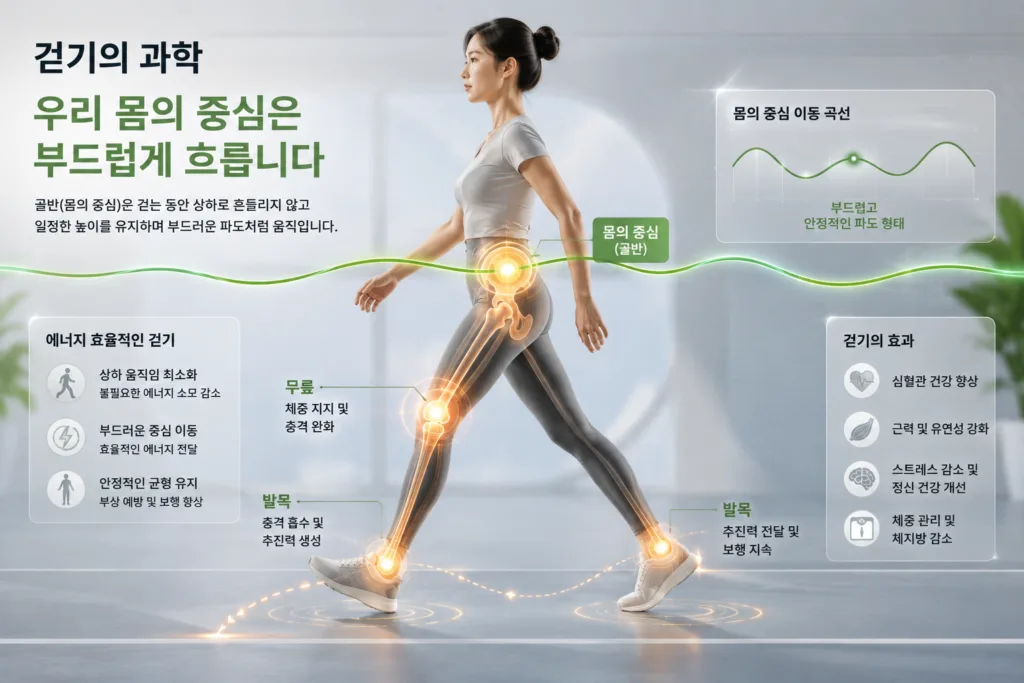 매일 무심코 걷는 걸음 속에 숨겨진 인체의 완벽한 에너지 절약 시스템을 아시나요? 질량중심(CoM) 제어와 역진자 원리로 알아보는 '걷기의 경제학'을 통해 피로를 덜고 효율적으로 걷는 과학적 원리를 쉽고 명확하게 알려드립니다.