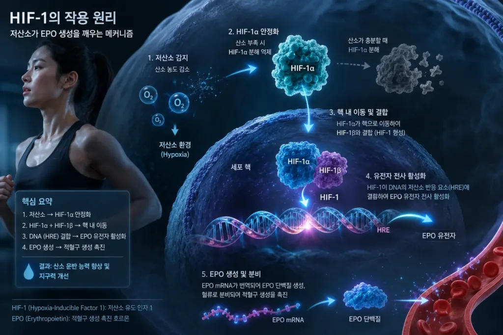 숨이 턱 끝까지 차오를 때, 우리 몸에서는 어떤 일이 일어날까요? 엘리트 운동선수들이 고산지대로 훈련을 떠나는 이유와 세포가 산소 부족을 감지하여 체력을 극한으로 끌어올리는 분자생물학적 비밀, HIF-1 스위치의 원리를 알아봅니다.